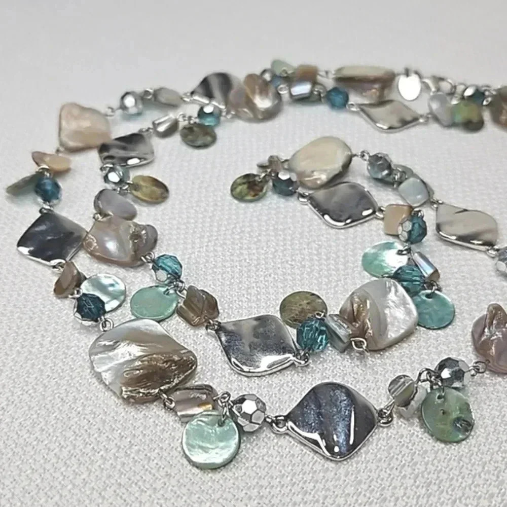 Lia Sophia Mother of Pearl Sea Green Blue Beaded Long Silver Necklace